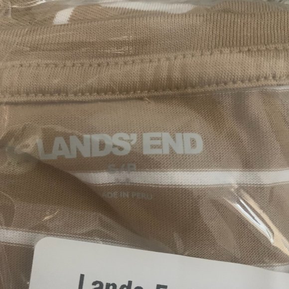 NWT LANDS' END WOMENS ELBOW SLEEVE COTTON SCOOP NECK SHIRT DESERT TAN STRIPE PS - Picture 4 of 5